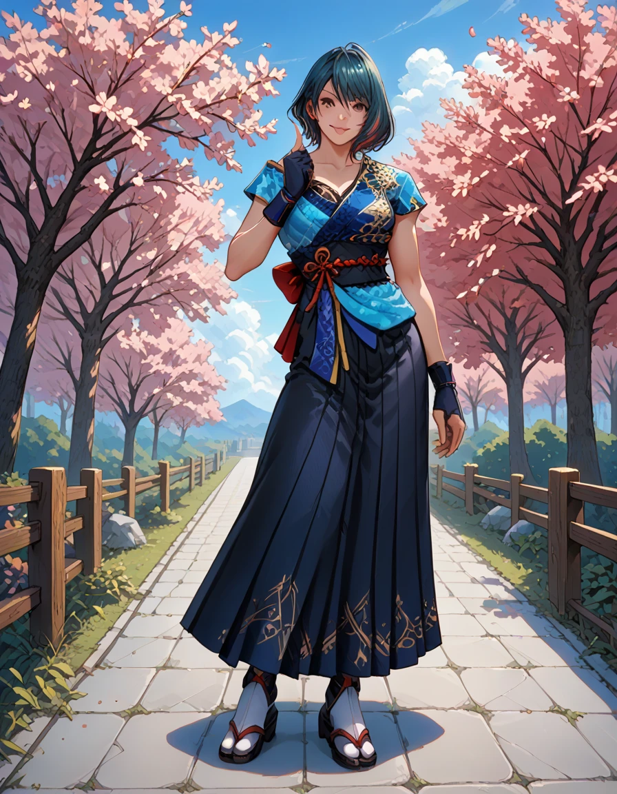 score_9, score_8_up, score_7_up, best quality, masterpiece, source_anime,  BREAK
in japanese garden, 1girl, tamaki, multicolored hair, short hair,  tamakiwildwind,  tamakidefault, japanese clothes , hakama, tabi, gloves
, <lora:add-detail-xl:1>  <lora:tamaki:1>, smile, happy, <lora:add-detail-xl:1> <lora:detail_eyes:0.5>, crossed legs, standing with legs crossed, showcasing elegance and seduction