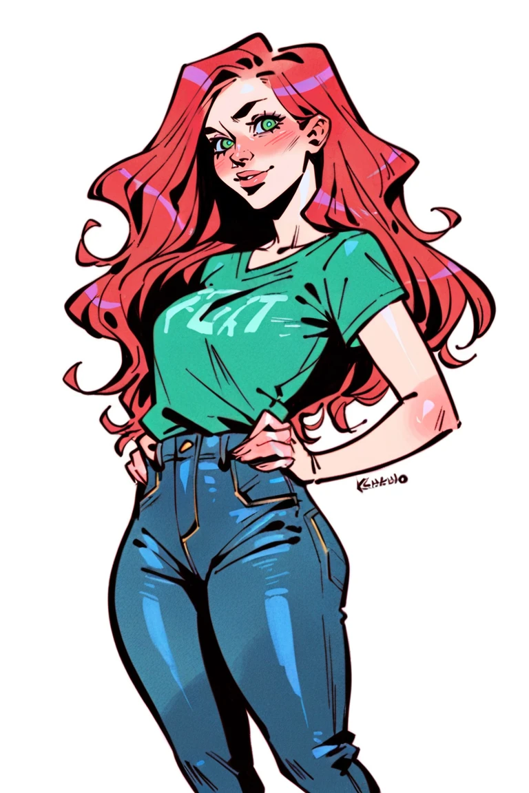 <lora:Stroke Watercolor:1>, score_9, score_8_up, score_7_up, score_6_up, score_5_up, rating_questionable, source cartoon
1girl, pretty face, pretty eyes, detailed eyes, HD eyes, thick thighs
hands on hips, standing, cowboy shot
looking at viewer, blush, eyebrows, long hair, red hair, green eyes jeans, green t-shirt, boots, high waisted jeans
simple background, white background