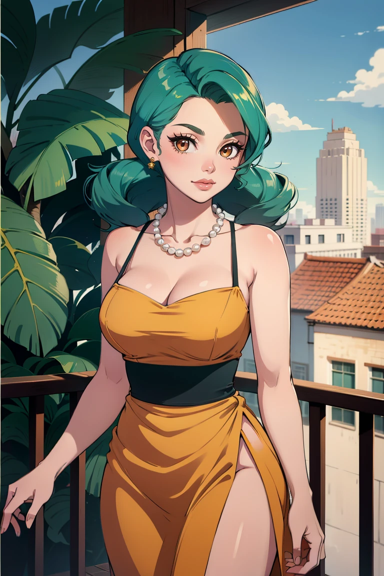 masterpiece, best quality, 1girl, solo, detailed background, absurdres, looking at viewer, <lora:EPpkJenny-06:0.8>, EPpkJenny, green hair, brown eyes, hair ornament, twintails, :\3, detailed background, cowboy shot, outdoors, balcony, tropical, sun, sky, railing, cityscape, in a golden dress dress, pearl necklace,wearing edgGol <lora:edgGoldenAgev1:0.7>
