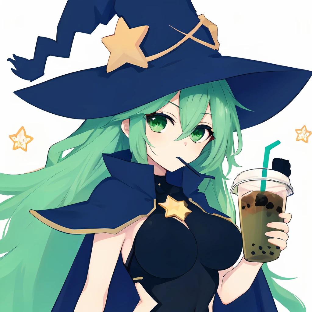 1girl, 
natsumi \(date a live\),  
solo, covered navel, drinking straw in mouth, object on breast, drinking straw, witch, cup, disposable cup, star \(symbol\), green hair, white background, green eyes, bubble tea challenge, simple background, signature, cape, breasts, bodysuit, hat, large breasts, long hair, looking at viewer, drink, witch hat, star print, upper body, bubble tea, black bodysuit, very long hair, hair between eyes, arm under breasts
 <lora:mki-natsumi-1.5-v3:1>