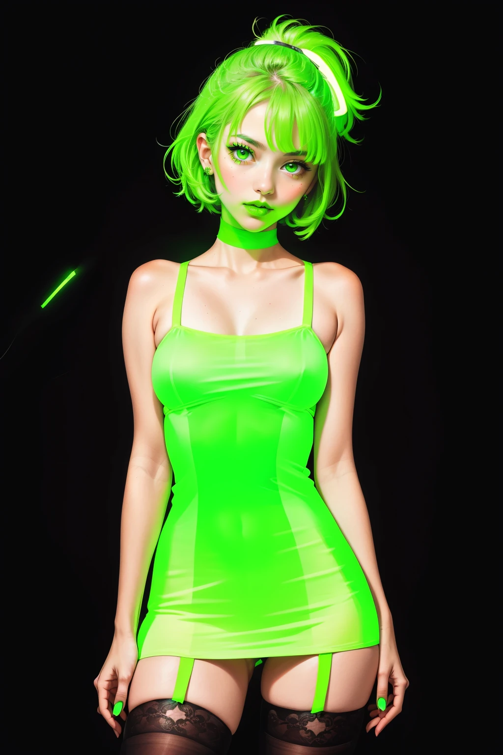 1girl, (glowing neon green lipstick, glowing neon green dress, glowing neon green thighhighs), black background, <lora:lukethighwalkerneonsd15:0.5>