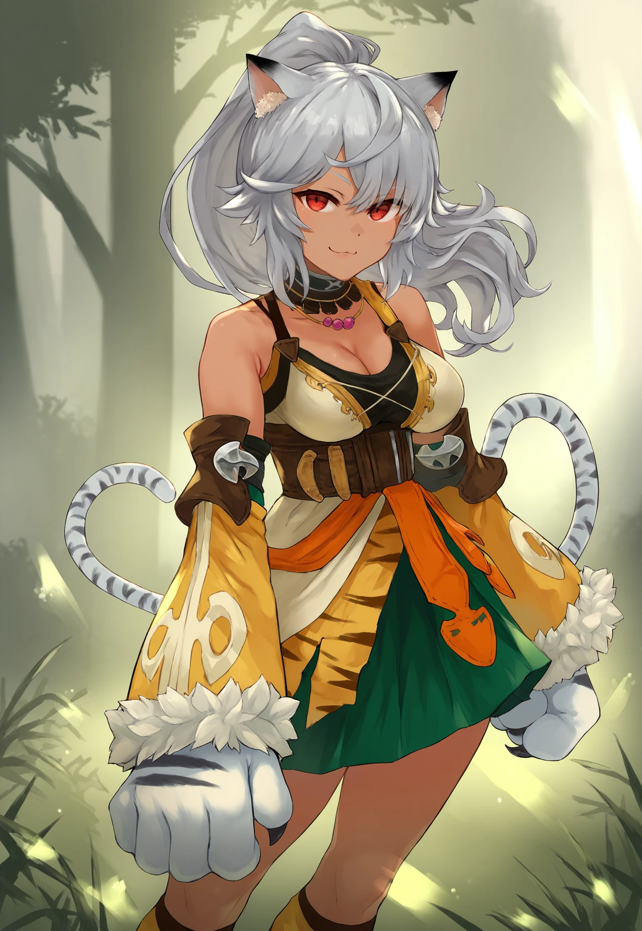 asanagi, (score_9, score_8_up, score_7_up, score_6_up, score_5_up, :1.2) a tiger girl standing in a forest ready to fight, smug, smirk, 1girl, solo , (( looking at viewer,)) animal ears, animal hands, tail, red eyes, dark skin, long hair, dark-skinned female, detached sleeves, paw gloves,looking at viewer, skirt, ponytail, claws, breasts, gloves, tiger ears, tiger tail, grey hair, bare shoulders, collar, dress, medium breasts, pleated skirt, cleavage, green skirt, fur trim, bell, animal print, choker, necklace, tiger print, socks, kneehighs, cat ears, wide hips, fighting stance, rating_safe