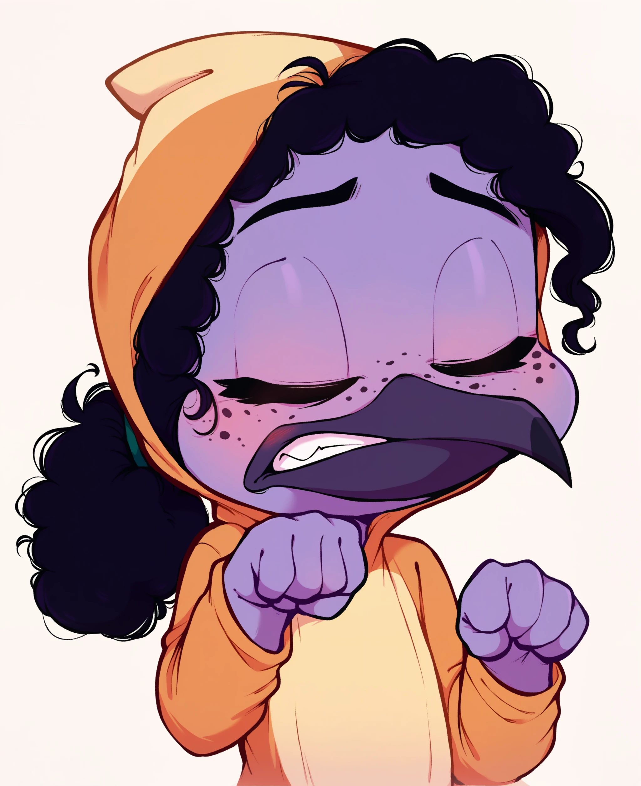 score_9, score_8_up, score_7_up, score_6_up, best quality, highres, source_furry, BREAK thn BREAK
1girl, female, solo, furry, white background, female, avian, hummingbird, long beak, violet sabrewing, young, , short, purple skin, black hair, black eyes, curled hair, short hair, ponytail, blush, eyes closed, teeth, freckles, duck onesie, animal hood, paw pose, <lora:Violet_Sabrewing:1>