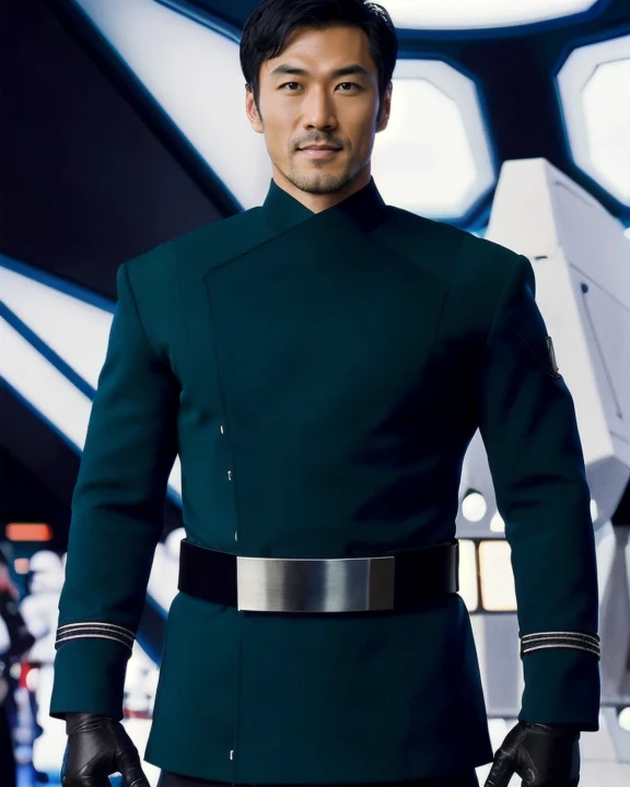 <lora:tealfirstorderuniform_lora:0.8> portrait of a man, male, japanese, (handsome:1.3), broad shoulders, short black military haircut, tealfouniform, long sleeves, male fit, teal wrap tunic with collar, long sleeves, leather belt with plain silver buckle, jodhpur breeches, front view, medium shot, dark sci-fi starship interior background, star wars
