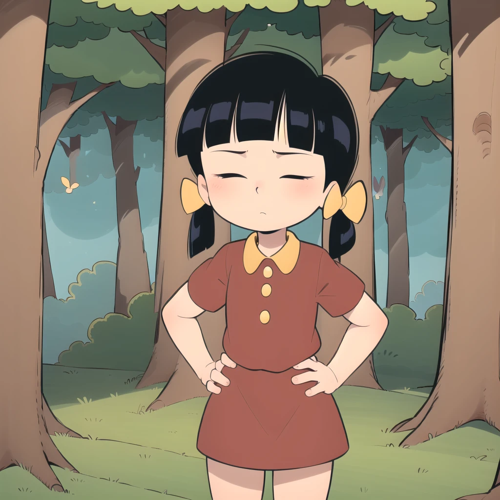 1girl, solo, Chen, black hair,  twintails, hair bow, red shirt, yellow shirt collar, untucked shirt , red skirt, stealth skirt, short sleeves, closed eyes, <lora:Chen_Cedric_Leaf2:0.8>, hands on own hips, forest