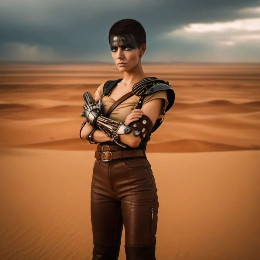 cinematic photo a woman with short hair and a single mechanical arm, leather pants, boots,  in the desert <lora:Furiosa1024:0.8> . 35mm photograph, film, bokeh, professional, 4k, highly detailed