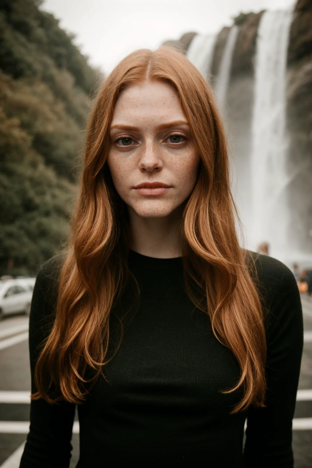 HaleyH, PA7_Photo, Street photography, Gorgeous, early twenty, woman, Long hair, Straight hair, Red hair, Brown eyes, Round lips, Peach lips, Calm, Medium breasts, Vintage dress, Leggings, Strip light, Auroras, sunlight, Foggy, Waterfall background, Sony A6400, 100mm prime lens, Tracking shot, BREAK PA7_Portrait-CU, Eye level, Fujifilm color, Technicolor, (((PA7_Human-Likeness)))
<lora:add_detail:0.5>