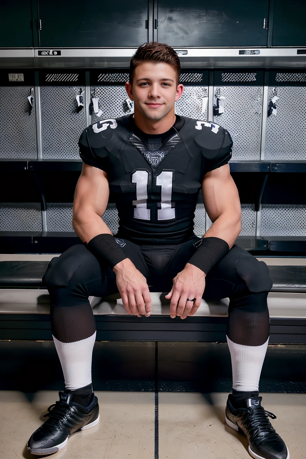 locker room, sitting on a bench, in front of lockers, slightly smiling, SebastianKross is an (American football player), wearing  black (football uniform:1.3), (black jersey:1.3), (black shoulder pads), (jersey number 11),  (pale silver football pants:1.3), (black socks:1.3), (black sneakers), (((full body portrait))), wide angle   <lora:SebastianKross-v2:0.8>