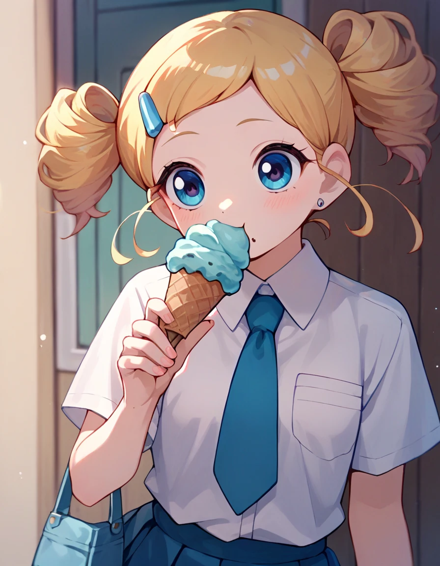 score_9, score_8_up, score_7_up, 1girl, source_anime, miyako casual, neck tie, white shirt, pleated skirt , <lora:Miyako-50:1> eating an ice cream