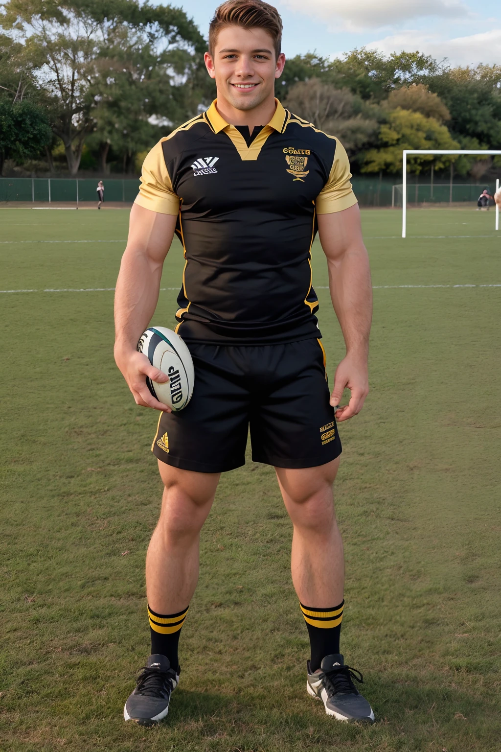 grass rugby field, SebastianKross, smiling, wearing gray and gold rugby uniform, gray jersey with gold trim, gray shorts, gold socks, black sneakers, holding a rugby ball, (((full body portrait))), wide angle  <lora:SebastianKross-v2:0.8>