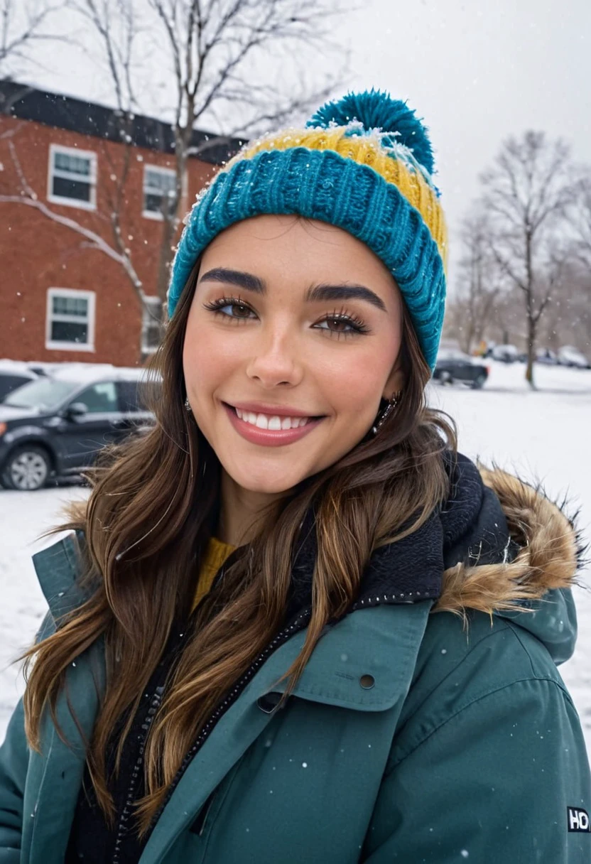 Madison, wearing winter coat, outdoors, snow, beanie, smile, eyeliner, makeup, 8k, ultra detailed, ultra realistic