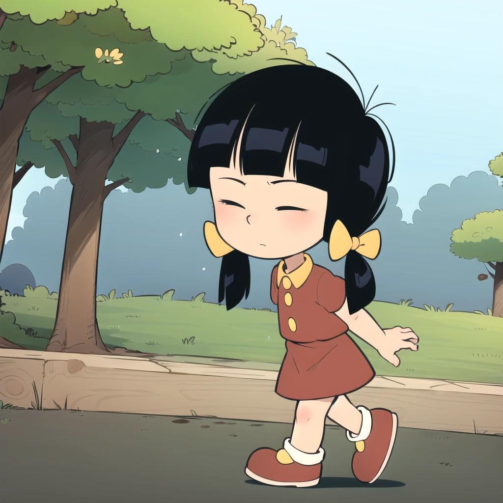 1girl, solo, Chen, black hair,  twintails, hair bow, red shirt, yellow shirt collar, untucked shirt , red skirt, stealth skirt, short sleeves, closed eyes, <lora:Chen_Cedric_Leaf2:0.8>,  walking,