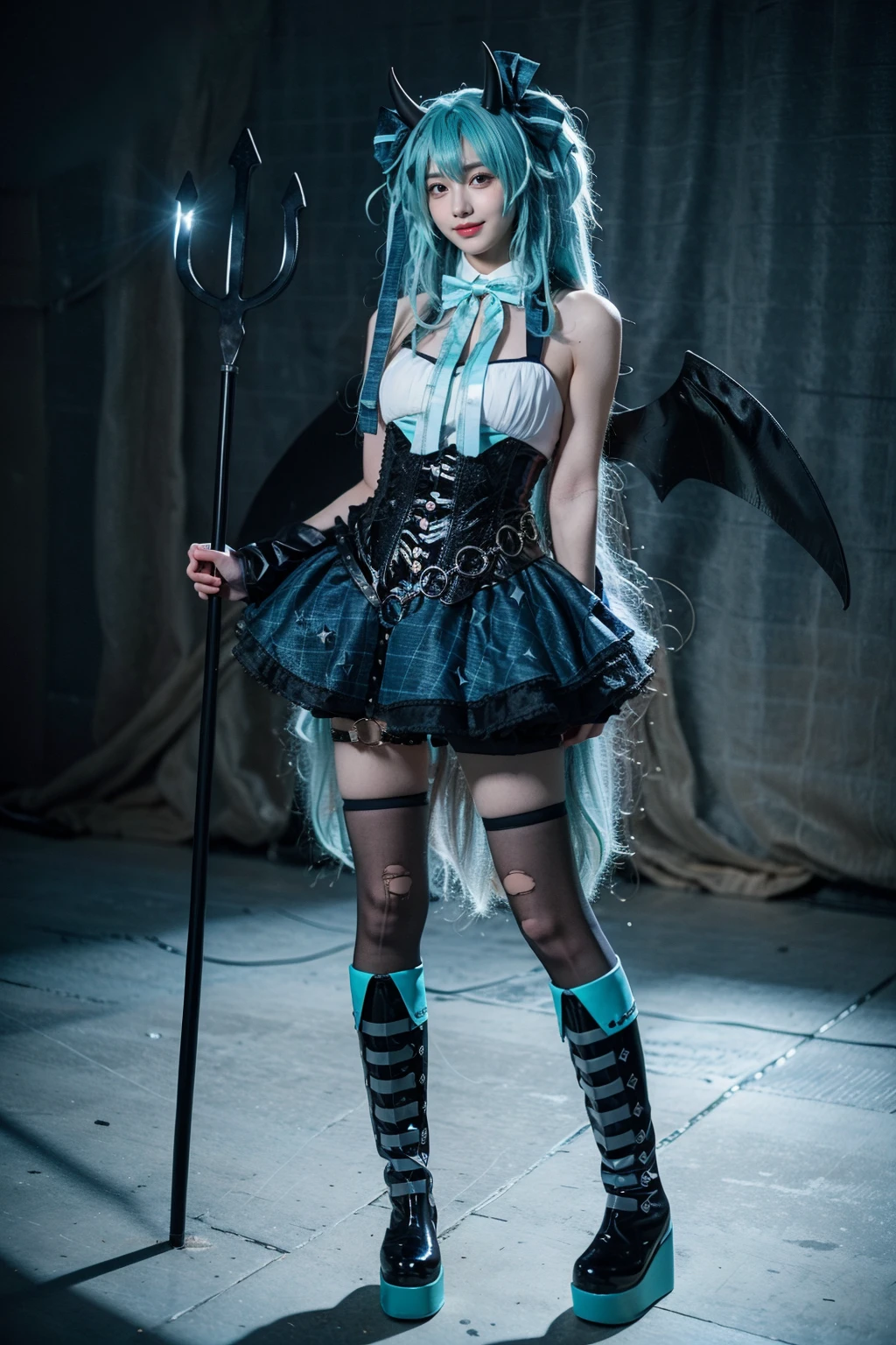 best quality, masterpiece, realistic, photorealistic, 1girl, solo, looking at viewer, smile, standing, full body, hatsune miku cosplay costume, hatsune miku, cosplay, aqua hair, very long hair, twintails, shirt, corset, skirt, plaid skirt, detached collar, detached sleeves, arm warmers, bowtie, bow, horns, demon horns, demon wings, demon tail, ribbon, o-ring, chain, thigh strap, hair ribbon, hair bow, thighhighs, torn thighhighs, knee boots, belt boots, platform boots, trident, holding trident, grey simple background, <lora:miku_cosplay_Villains_v1:0.75>