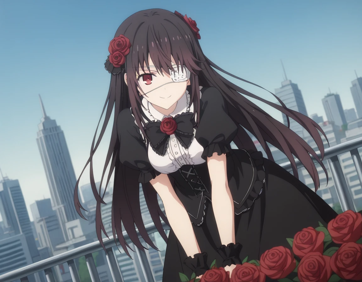 score_9, score_8_up, score_7_up, source_anime,
kurumitokisaki, <lora:kurumi-tokisaki-s4s5-ponyxl-lora-nochekaiser:1>,
kurumi tokisaki, black hair, red eyes, long hair,
bangs, hair ornament, dress, flower, short sleeves, frills, hair flower, black dress, rose, eyepatch, red flower, red rose, medical eyepatch, frilled dress, puffy sleeves,
outdoors, cityscape, bent over, smile,
looking at viewer, solo, cowboy shot, dutch angle,