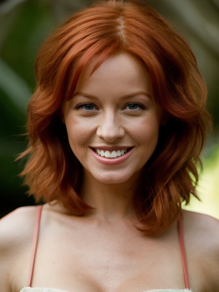 realistic Stunningly beautiful sexy Norwegian supermodel with red hair, beautiful green eyes and a perfect body from head to toe, her legs are enticing and she has big boogie and a bog perfect butt, beautiful red hair, perfect body, perfect curves, she is exotic and alluring, her green eyes are almost magical, in the amazon rain forest, she is smiling seductive, Photorealistic, superior detail