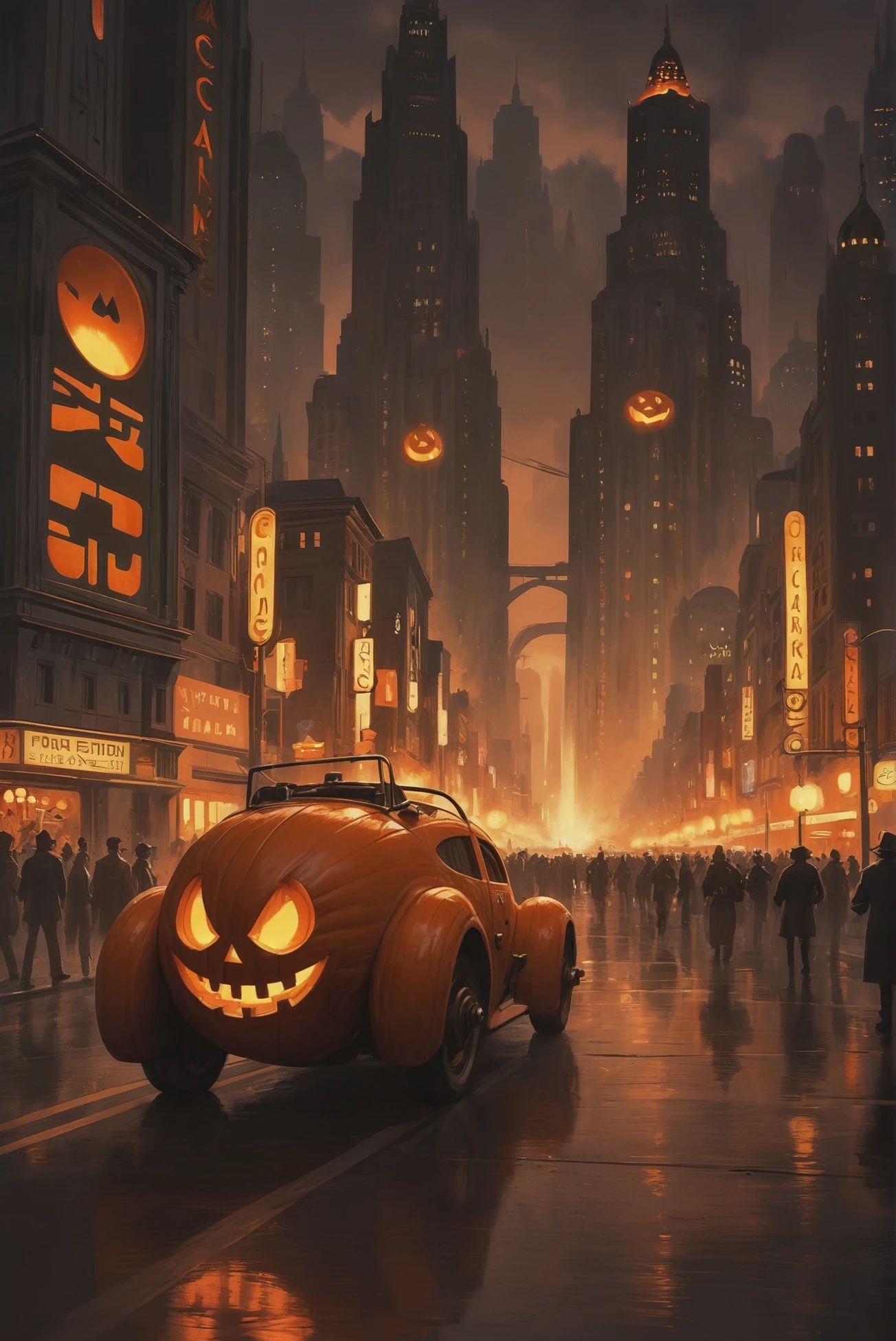 vertical art deco scifi city, dieselpunk,streamline moderne miltary Parade in a jack-o-lantern,Supernatural fantasy city edge of time, masterpiece, by Jon McCoy<lora:EnvyStarlightDieselpunk01:1:hr=0>