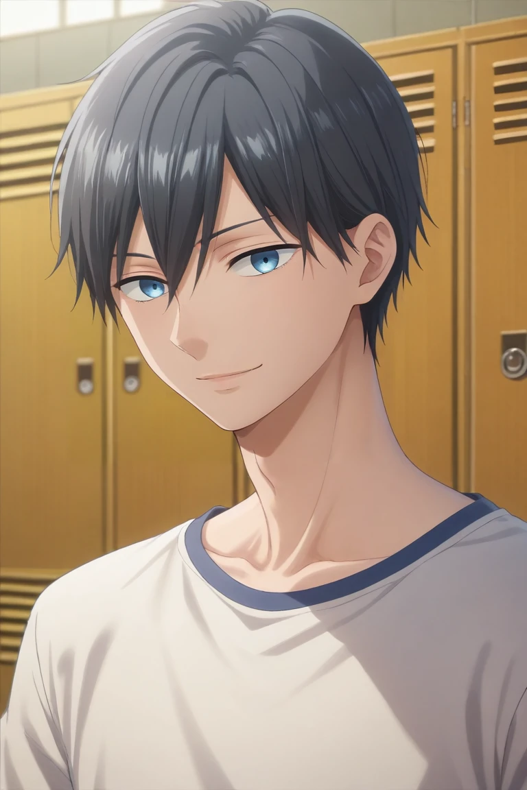 score_9, score_8_up, score_7_up, source_anime, rating_safe, , , , , 1boy, solo, male focus, <lora:akito_yamada_pony:0.82>, akito_yamada, black hair, blue eyes, short hair, hair between eyes, bangs, upper body, locker room, midnight, spread arms, naughty smile, , <lora:sdxl_lightning_8step_lora:1>