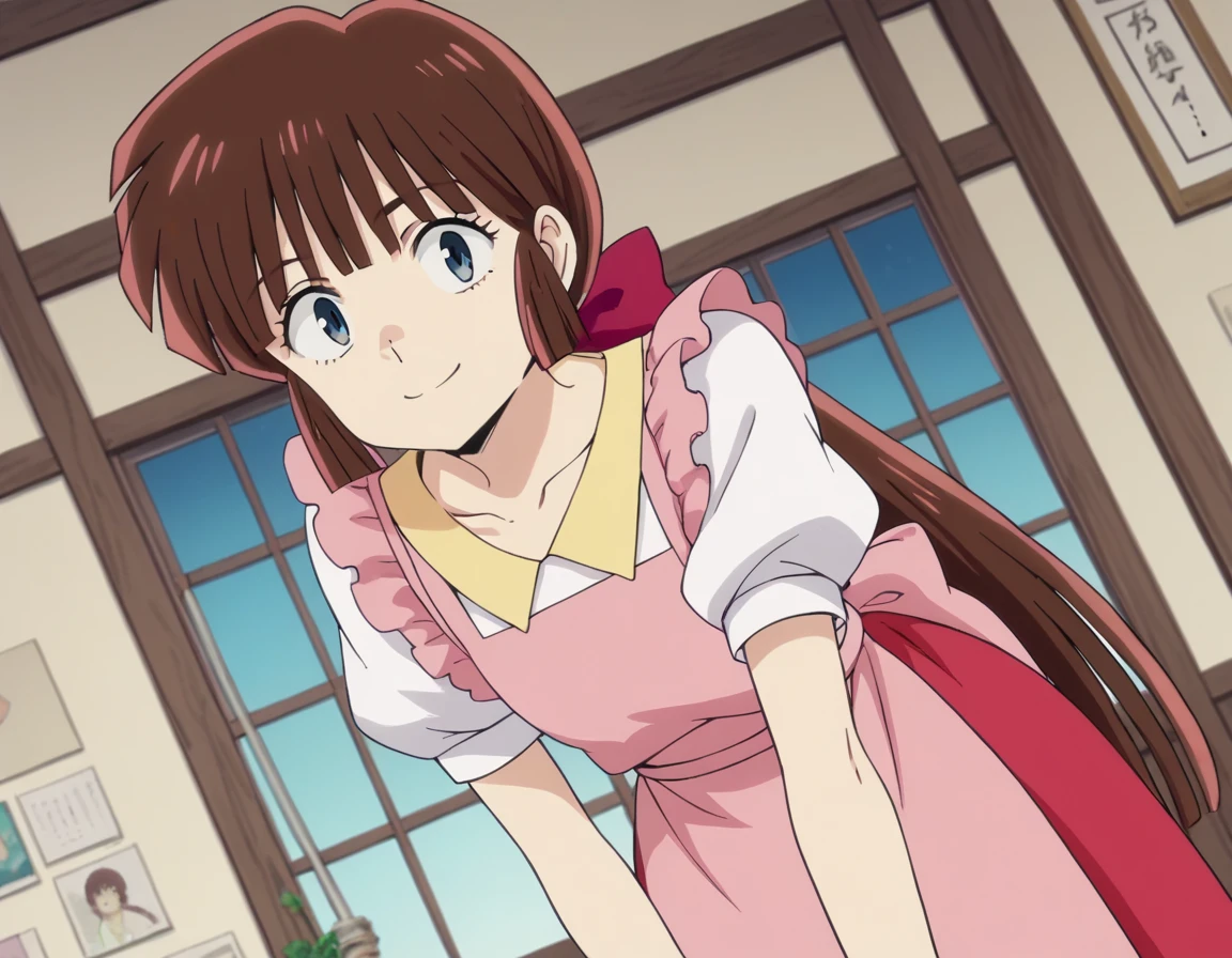 score_9, score_8_up, score_7_up, source_anime,
uruseinagisa, <lora:urusei-nagisa-s2-ponyxl-lora-nochekaiser:1>,
nagisa, long hair, bangs, brown hair, bow, ponytail, hair bow, blue eyes, otoko no ko,
short sleeves, apron, puffy sleeves, skirt, red skirt, shirt, white shirt, collarbone,
indoors, bent over, smile,
looking at viewer, solo, cowboy shot, dutch angle,