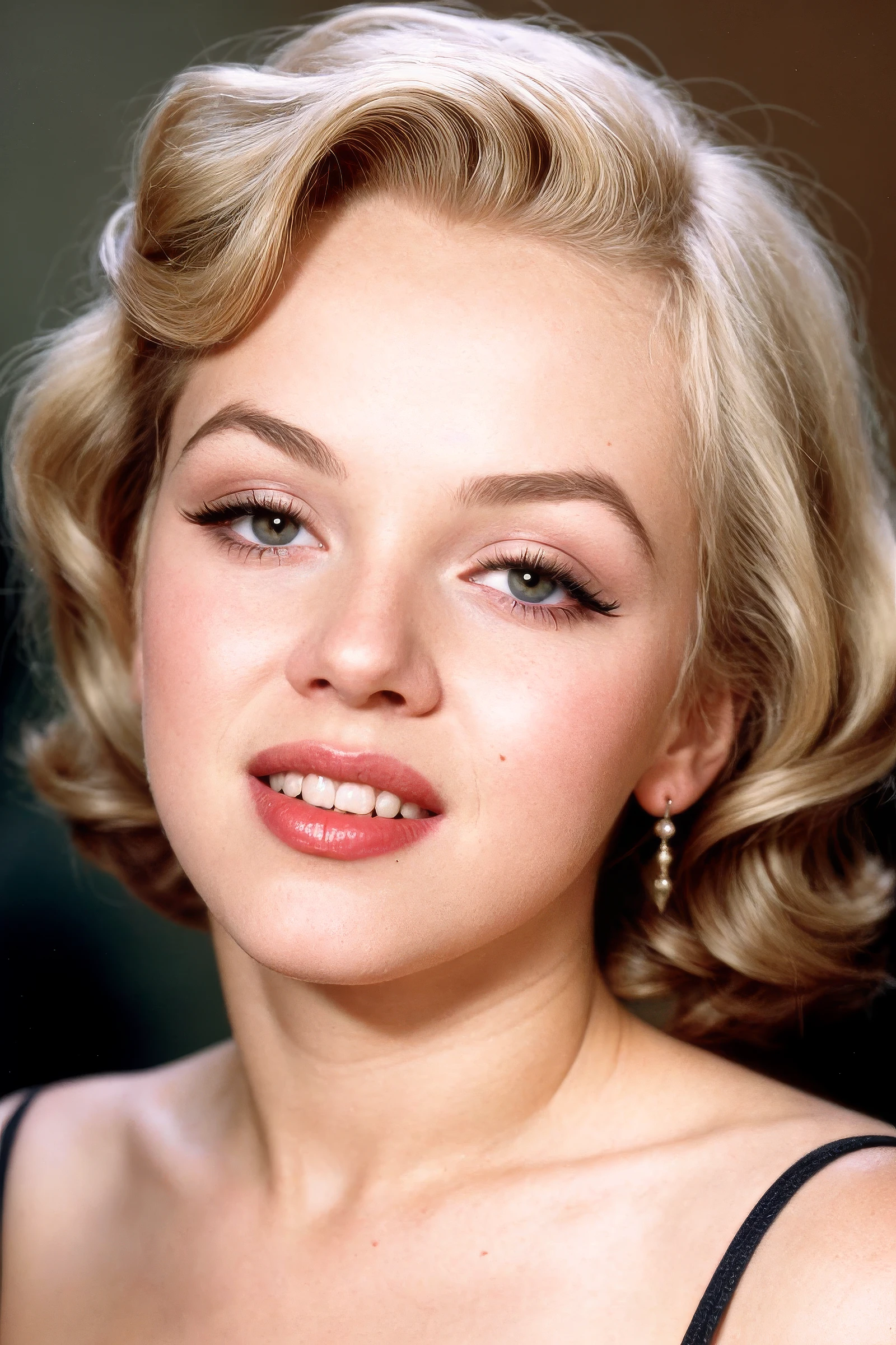 1girl, vintage color close-up portrait photography of (marilmor_TI:0.99), (makeup, dark eyeliner, blush), smile, happy
volumetric lighting, eye level, rule of thirds composition, Fuji X-T4, 50mm prime lens, Fujifilm color, film grain