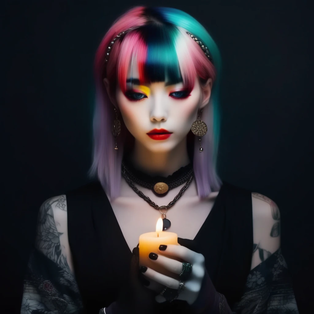 japanese clothes, eyelashes, candle, necklace, black border, moon, jewelry, multicolored hair, fingerless gloves