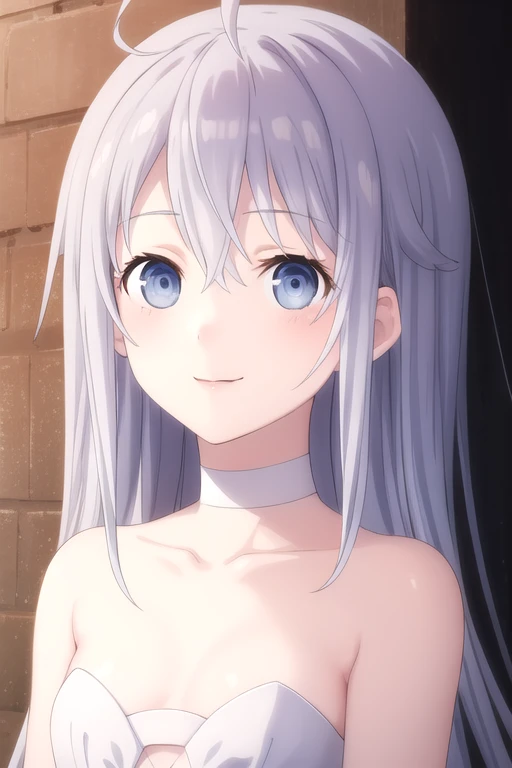 ((masterpiece)),(best quality),official art,extremely delicate and beautiful,extremely detailed CG,unity 8k wallpaper,ultra detailed,beautiful detailed eyes,extremely detailed face,outdoors,1girl,solo,upper body,(portrait:1.5),looking at viewer,facing viewer,smile,Hibiki Higoromo,ahoge,very long hair,grey hair,sidelocks,hair between eyes,bangs,blue eyes,bare shoulders,collarbone,white choker,white dress,strapless dress,white ribbon,clothing cutout,cleavage,small breasts,white footwear,<lora:Hibiki Higoromo(dal)>,<lora:TSNeptunia-000045:0.5>,