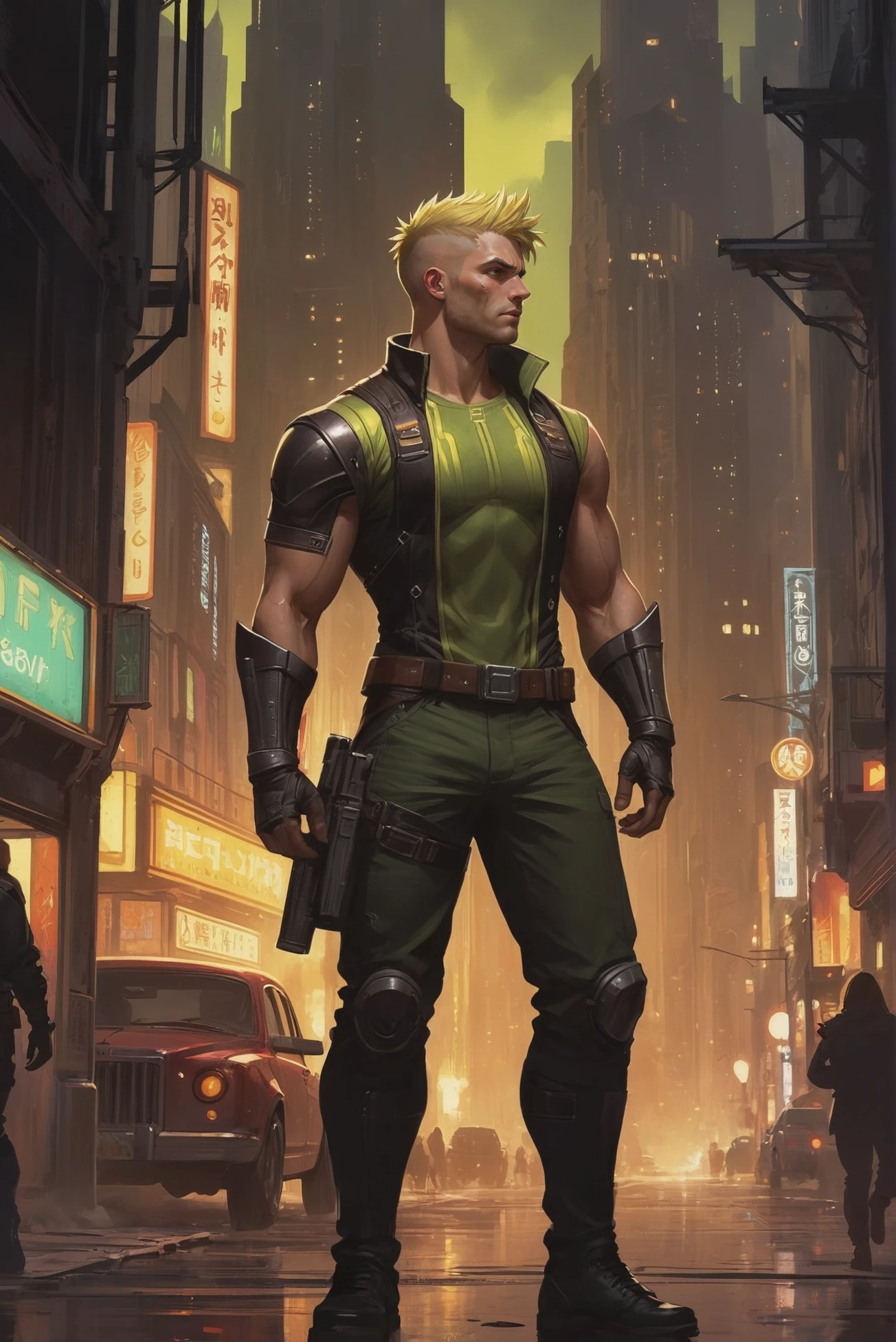 vertical art deco scifi city, (full body:1.2), 1boy, man, ruggedly handsome, solo, [:epic costume design,:0.2] antipaladin, caucasian, neon olive hair, (muscular:1.3) build, Rogue's Hideout<lora:EnvyStarlightDieselpunk01:1:hr=0>