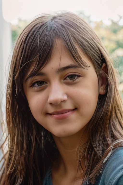 Palestinian white girl child with long brown hair and bangs and green eyes wearing a black shirt with short sleeves smiling