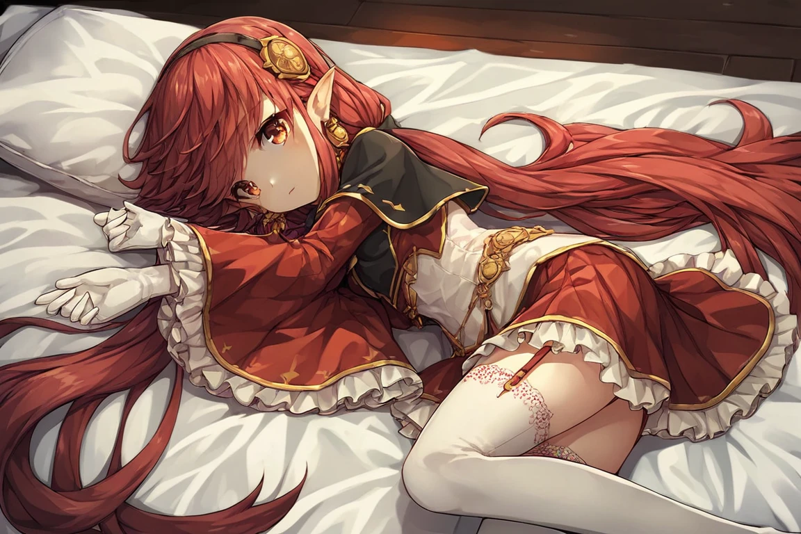 score_9,score_8_up,score_7_up,score_6_up,score_5_up,score_4_up,1girl,lying on side,indoors,bed sheet,source_anime,tegaki,<lora:element2-000016:0.7>,element2,red hair,very long hair,low twintails,hair band,looking at viewer,pointy ears,skirt,red skirt,zettai ryouiki,white thighhighs,garter straps,frilled skirt,frilled sleeves,long sleeves,capelet,bow,jewelry,earrings,bangs,hair ornament,gloves,LOOKING AT VIEWER,