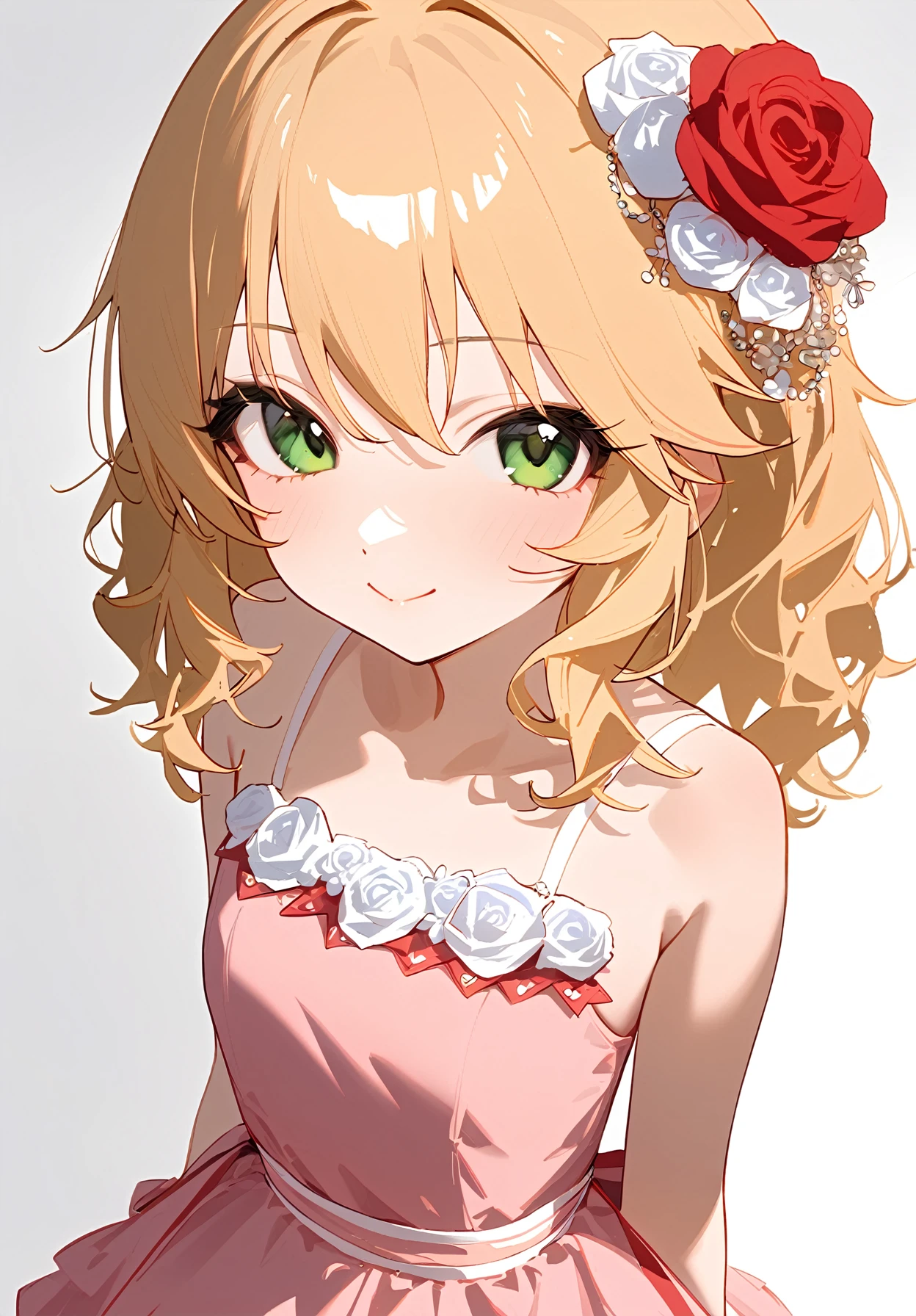 1girl,
sakurai momoka, idolmaster,
blush, sleeveless, solo, long hair, dress, red rose, bare shoulders, wavy hair, red flower, white flower, hair ornament, frills, hair between eyes, green eyes, hair flower, pink dress, white rose, white background, flower, flat chest, blonde hair, frilled dress, smile, bare arms, arms at sides, sleeveless dress, looking at viewer, closed mouth, simple background, rose, collarbone, sidelocks,
masterpiece, newest, absurdres, safe
<lora:2080ti_ag31_sakurai_momoka-000018:1> <lora:a31_style_koni:1>