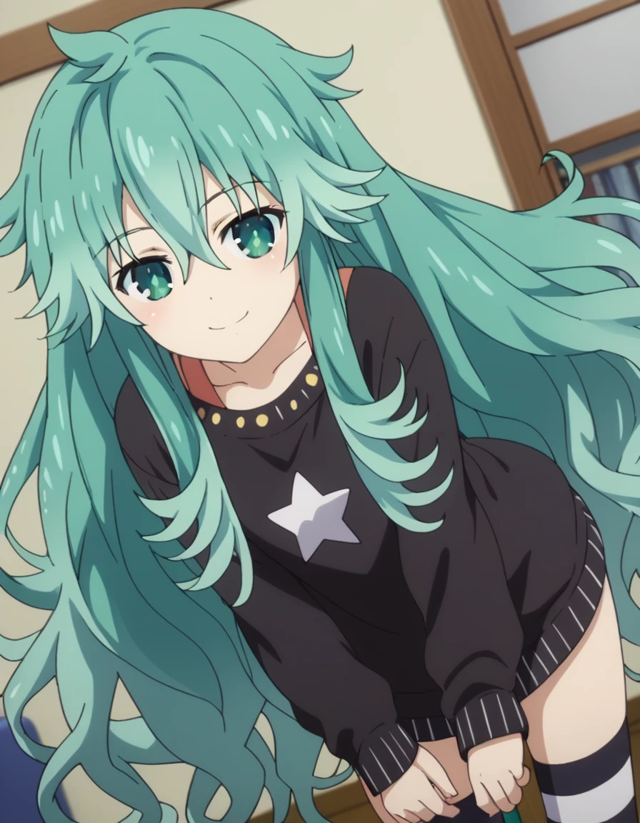 score_9, score_8_up, score_7_up, source_anime,
natsumikyouno,  <lora:natsumi-kyouno-s4s5-ponyxl-lora-nochekaiser:1>,
natsumi kyouno, long hair, very long hair, green hair, aqua hair, green eyes,
thighhighs, long sleeves, striped, star \(symbol\), sweater, striped thighhighs, star print,
indoors, bent over, smile,
looking at viewer, solo, cowboy shot, dutch angle,