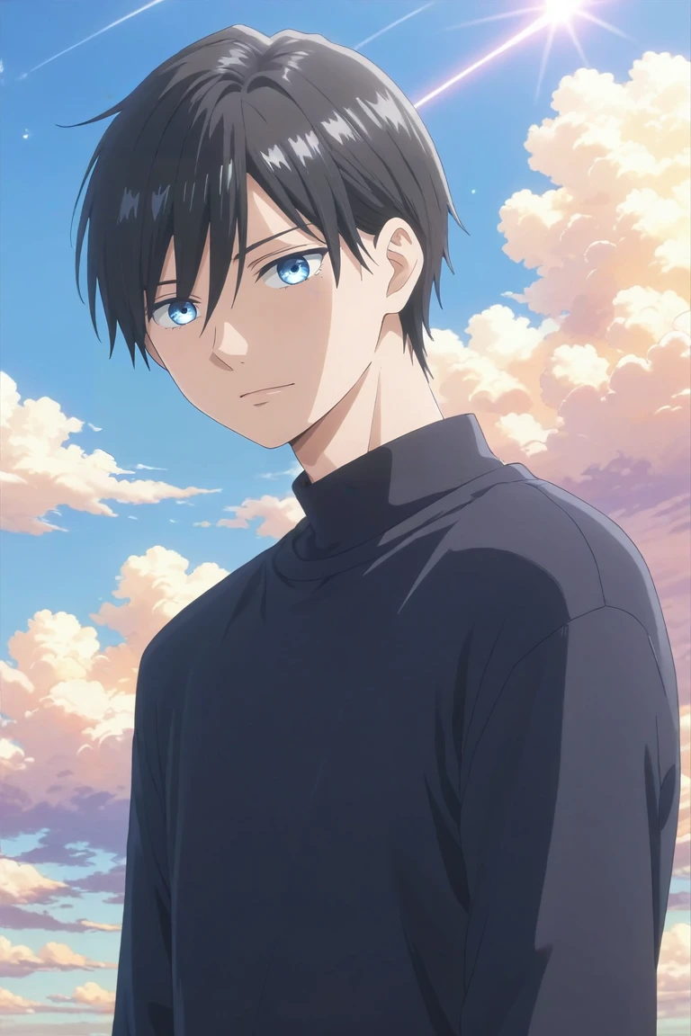 score_9, score_8_up, score_7_up, source_anime, rating_safe, , (realistic:0.6), looking at viewer, , 1boy, solo, male focus, <lora:akito_yamada_pony:0.84>, akito_yamada, black hair, blue eyes, short hair, hair between eyes, bangs, asymmetrical, heaven, clouds, dawn, the pose, sparkling eyes, , <lora:sdxl_lightning_8step_lora:1>