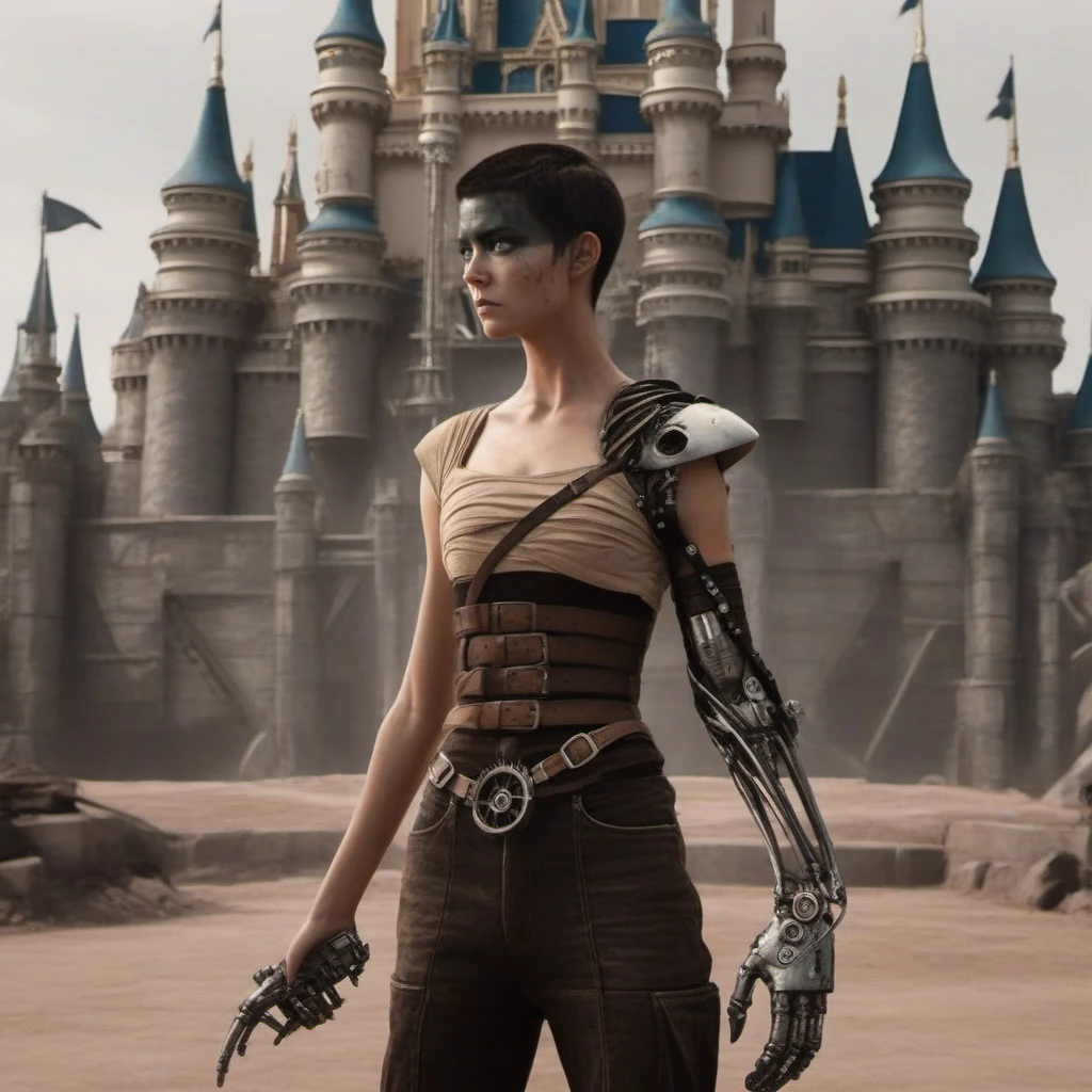 Dystopian style a woman with short hair , ((mechanical arm)), ((in disneyworld)) <lora:Furiosa1024:0.8> . Bleak, post-apocalyptic, somber, dramatic, highly detailed