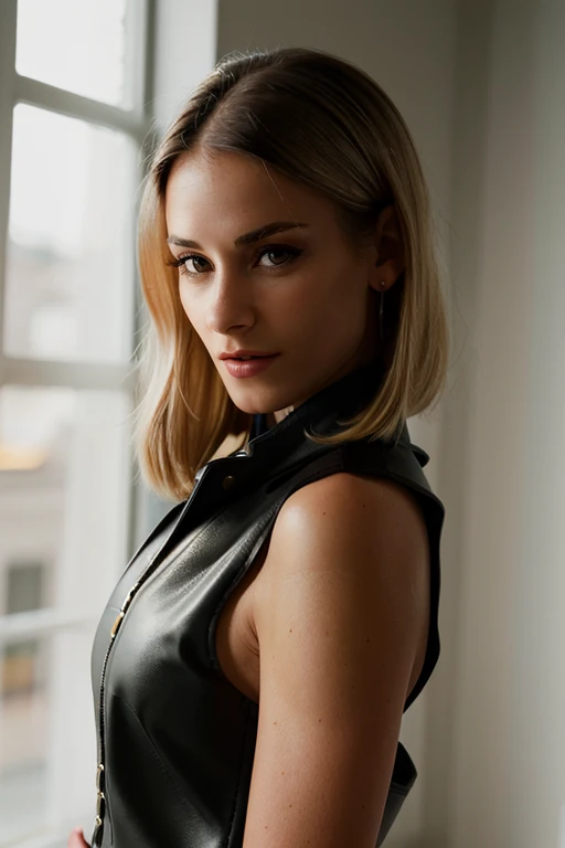 faux leather moto vest with a bodycon midi dress breathtaking glamour photography of a very beautiful blonde woman <lora:ClaireCastel_v1:1>,  masterpiece, best quality, extremely detailed face, bright environment, perfect lighting, epiCRealism  <lora:add-detail-xl:0.4>, looking at viewer, dutch angle