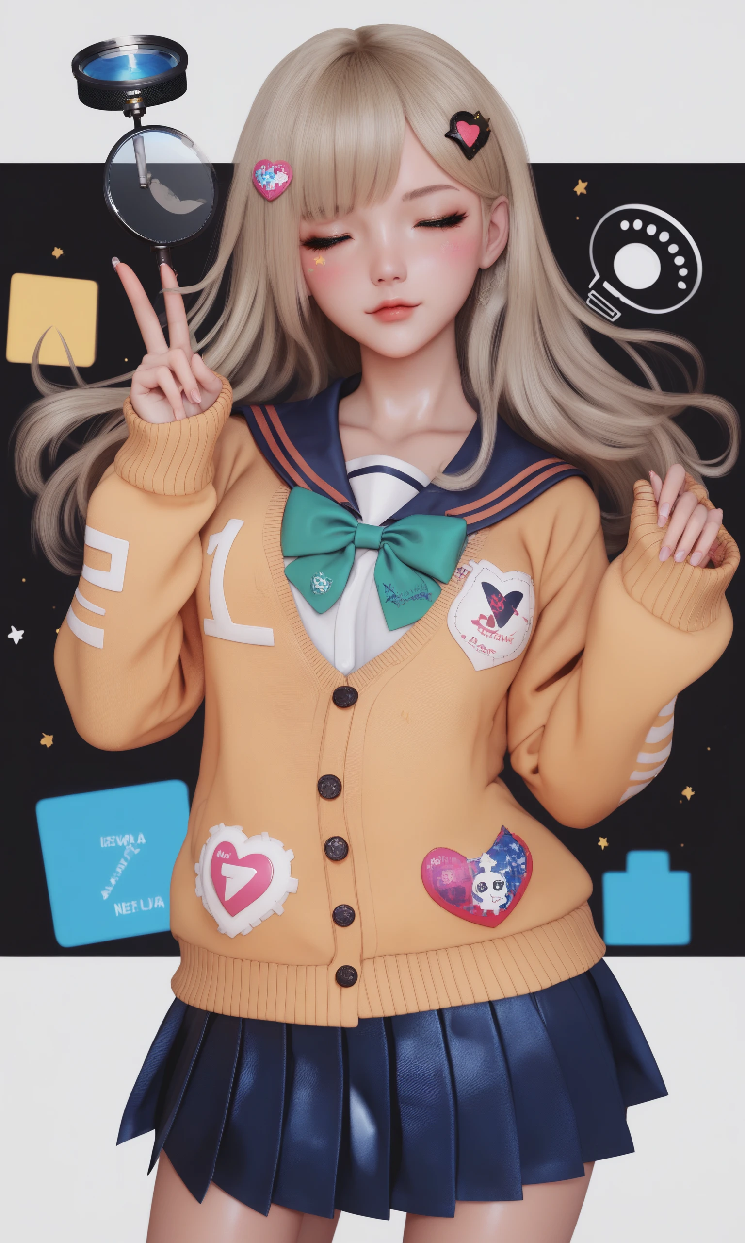 score_9,score_8_up,score_7_up,score_6_up,score_5_up,score_4_up,shiny_skin,1girl,neuro-sama,indie virtual youtuber,:3,^_^,bandaid,blue eyes,blue sailor collar,blue skirt,blush,border,bow,bowtie,cable,cardigan,character name,closed eyes,cursor,diffraction spikes,electric plug,eyelashes,floating,floating hair,gears,green bow,green bowtie,hair ornament,halftone,hand cursor,heart,heart hair ornament,heart print,hourglass,light brown hair,long hair,looking at viewer,looking up,magnifying glass,microphone,plug,plus sign,sailor collar,school uniform,serafuku,skirt,solo,star (symbol),star print,yellow cardigan,
