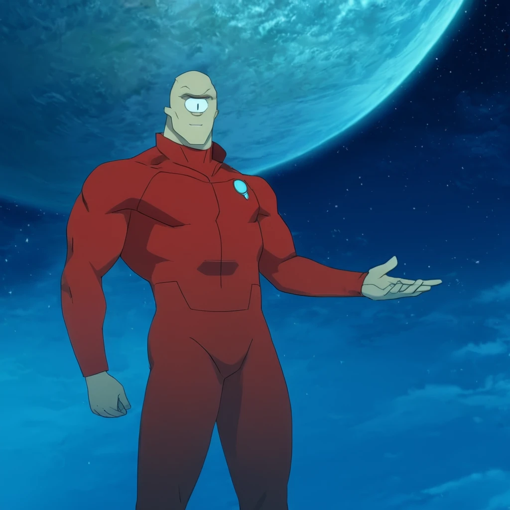 anime artwork of <lora:Invincible (TV series):0.9>
<lora:Allen the Alien:0.9>
Unopan race,Allen the Alien,representative of the Coalition of Planets,one big eye in the middle a man in a red jacket standing in front of a spaceship,solo,looking at viewer,smile,1boy,upper body,male focus,sky,bodysuit,muscular,muscular male,star (sky),space,bald,planet,alien,earth (planet),spacecraft, anime style, key visual, vibrant, studio anime, highly detailed