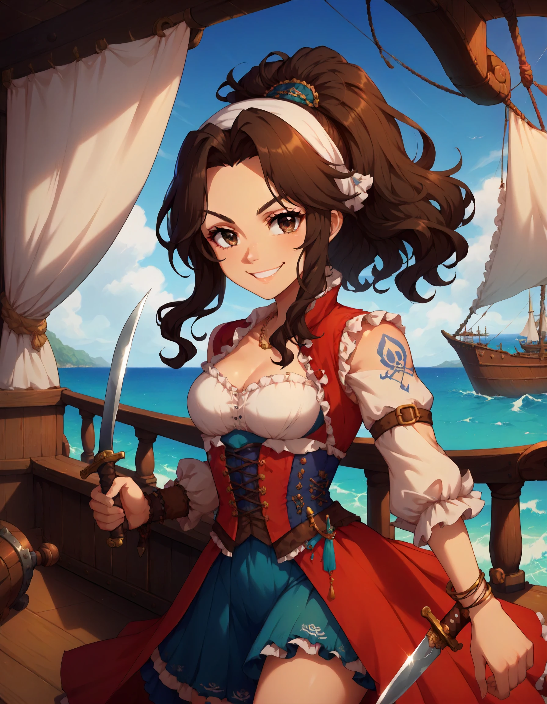 score_9, score_8_up,score_7_up,1girl,solo,looking at viewer,
<lora:ariurakanna_ponyXLV6:0.7>,cgak,akhb,brown eyes,brown hair,ponytail,
smile,(smirk:0.3),dagger,holding weapon,bracelet,corset,pirate,
ocean,ship,deck
