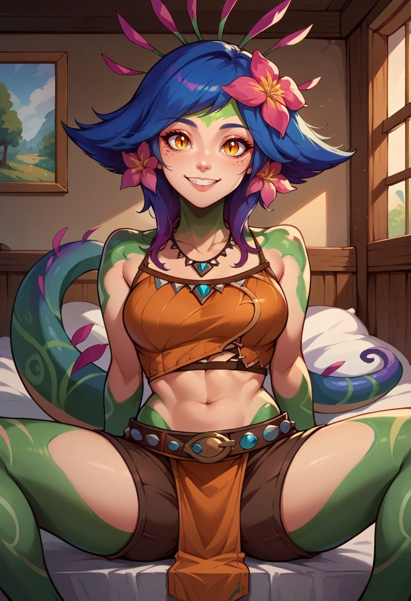 score_9, score_8_up,score_7_up,score_6_up, source_anime,
BREAK
n33ko,
colored skin,green skin,hair ornament,hair flower,multicolored hair,lizard tail, medium breasts,
crop top,midriff,brown shorts,necklace,loin cloth,belt,
sitting, spread legs, smiling,
bedroom,
<lora:Neeko_potat-v5:1>
