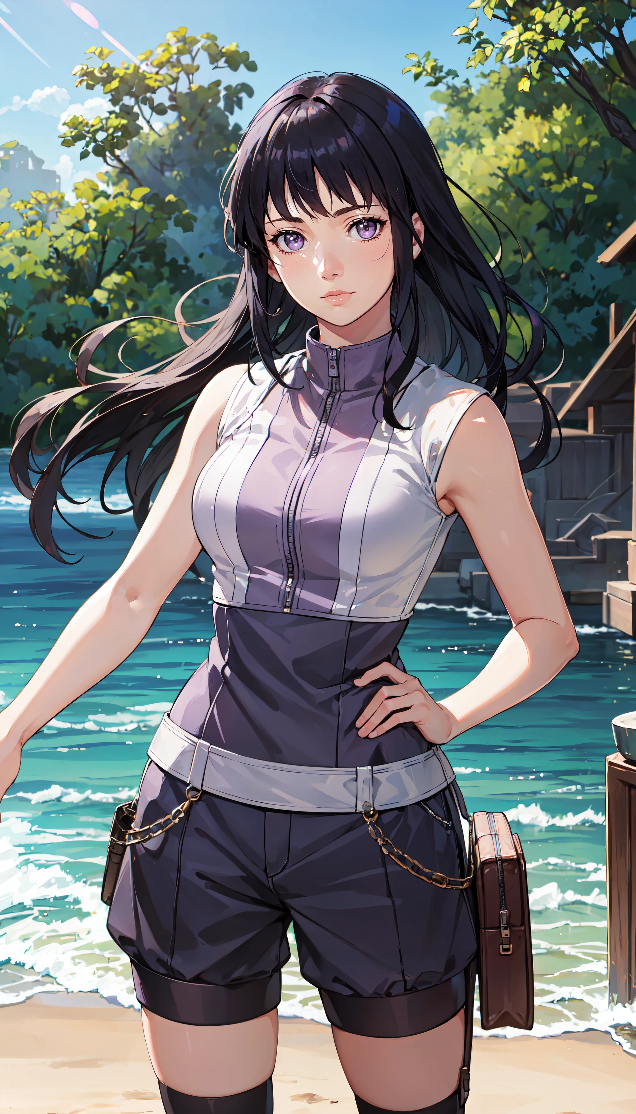 photorealistic, (4k), depth of field, (Masterpiece), (realistic skin texture), extremely detailed, intricate, hyper detailed, professional photography, bokeh, high resolution, sharp detail, best quality, girl, long hair, black hair, purple eyes, empty eyes, purple japanese clothes, obi, sleeveless, purple shorts, thighhighs, <lora:GoodHands-vanilla:0.4>, <lora:detail_slider_v4:0.8> ,  <lora:Hinata Hyuga-000004:0.8>, dynamic pose, (sunbathing), beach, sand, outdoors,