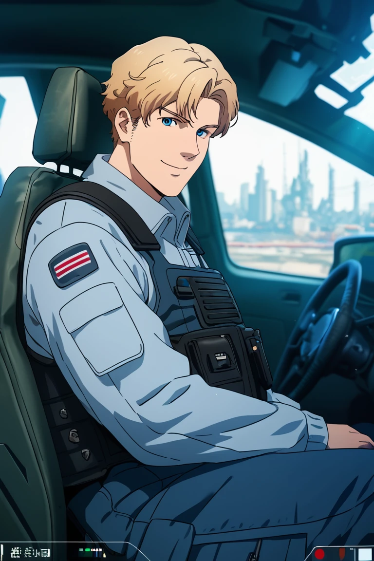 score_9,score_8_up,score_7_up, solo male, Lewis Smith, (blond hair), short hair, blue eyes, (grey pilot jumpsuit, grey sleeves), (black tactical vest), mecha cockpit, (upperbody), from front, mature, handsome, charming, alluring, masculine, intense eyes, v-shaped eyebrows, smile, look at viewer, sitting, huge industrial mecha, mecha cockpit, operator's seat, throttle, joystick, seatbelt, multiple monitor screen, perfect anatomy, perfect proportions, best quality, masterpiece, high_resolution, (symmetrical picture, front view), photo background, science fiction, mecha, multiple monitors, cinematic, war, mecha, robot, cinematic still, emotional, harmonious, vignette, bokeh, cinemascope, moody, epic, gorgeous, city ruins, inside the mecha<lora:EMS-368093-EMS:0.800000>