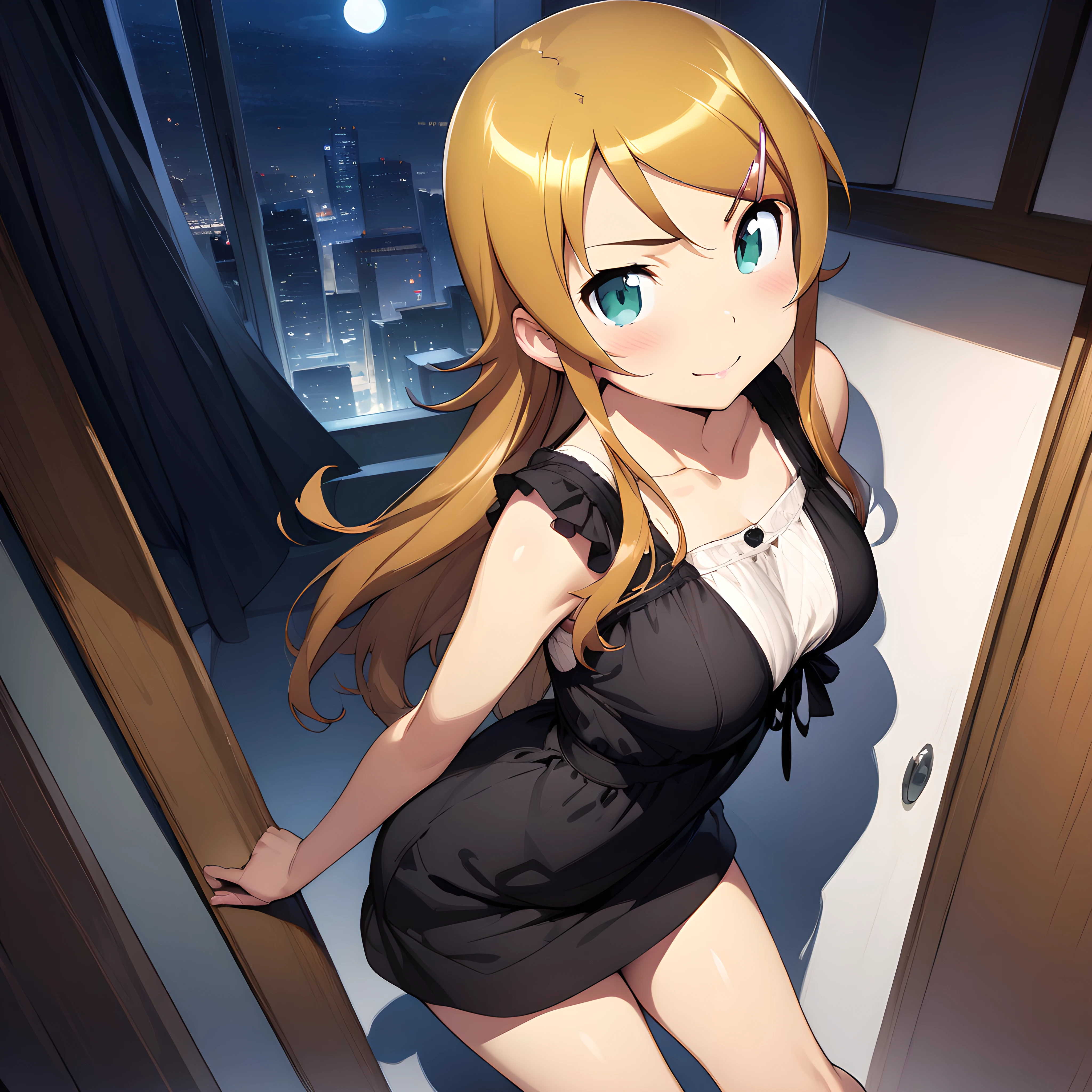 (masterpiece),(best quality),(ultra-detailed),(best illustration),(best shadow),(absurdres),(detailed background),(very aesthetic), kirino kousaka, blonde hair, long hair, hair clip, green eyes, bangs, seductive smile, casual outfit, black dress, looking at viewer, night background, on a room, <lora:XL-KirinoKousakav1:1>