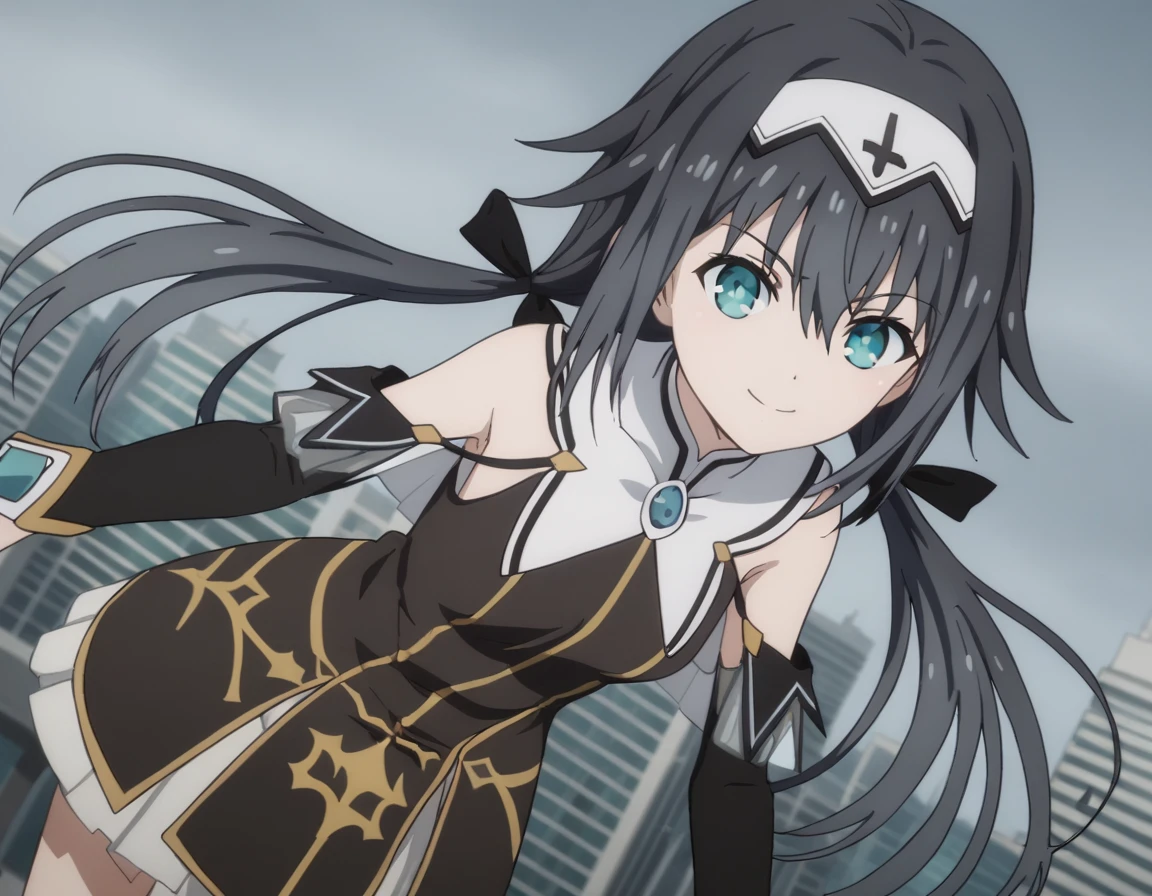 score_9, score_8_up, score_7_up, source_anime,
nibelcole, <lora:nibelcole-s4s5-ponyxl-lora-nochekaiser:1>,
nibelcole, long hair, blue eyes, black hair, hair between eyes, twintails, very long hair, hairband, low twintails, white hairband,
skirt, detached sleeves, sleeveless, white skirt, black sleeves,
cityscape, bent over, smile,
looking at viewer, solo, cowboy shot, dutch angle,