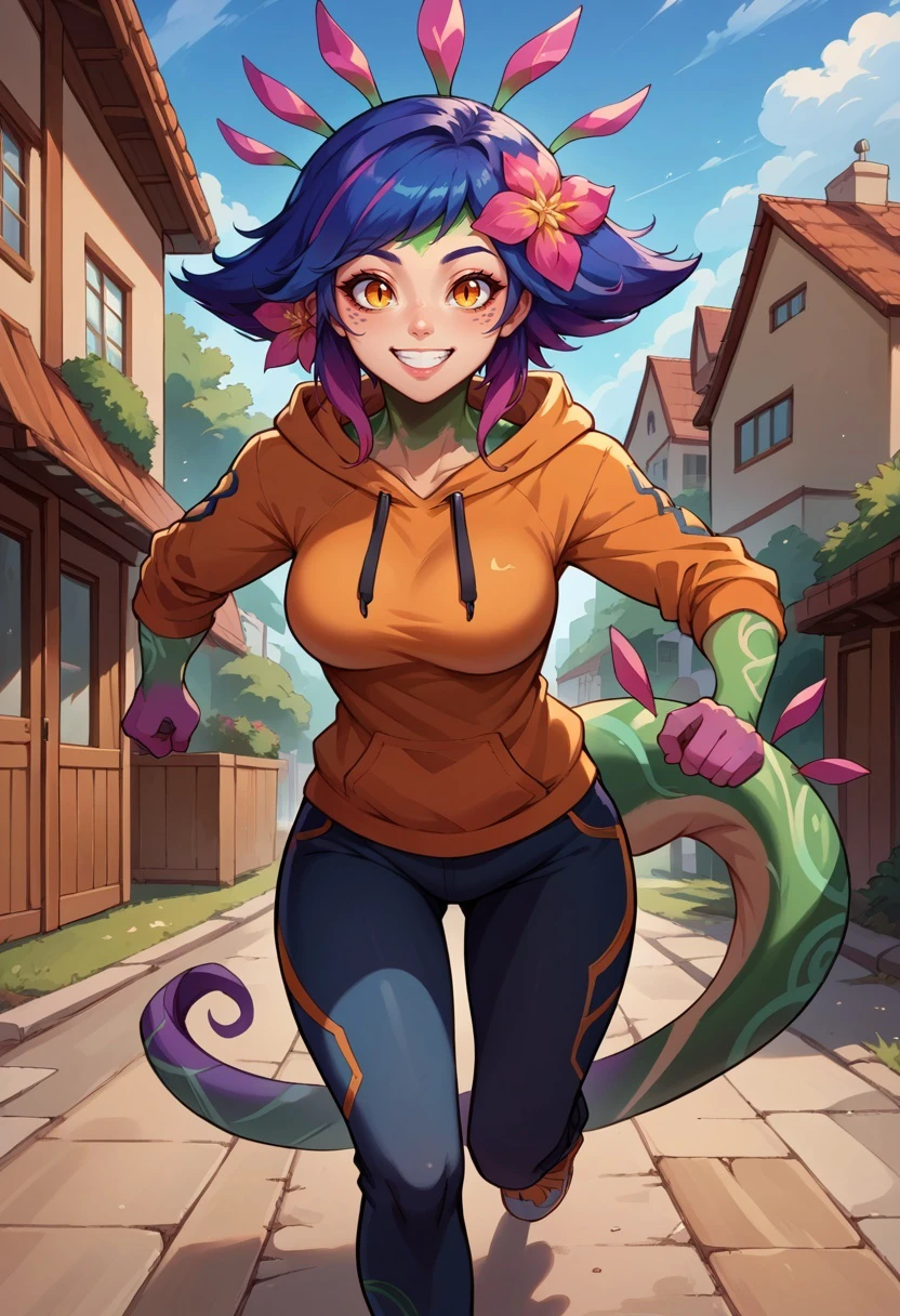 score_9, score_8_up,score_7_up,score_6_up, source_anime,
BREAK
n33ko,
colored skin,green skin,hair ornament,hair flower,multicolored hair,lizard tail, medium breasts,
hoodie,capri pants,
running, smiling, looking at viewer,
<lora:Neeko_potat-v5:1>,