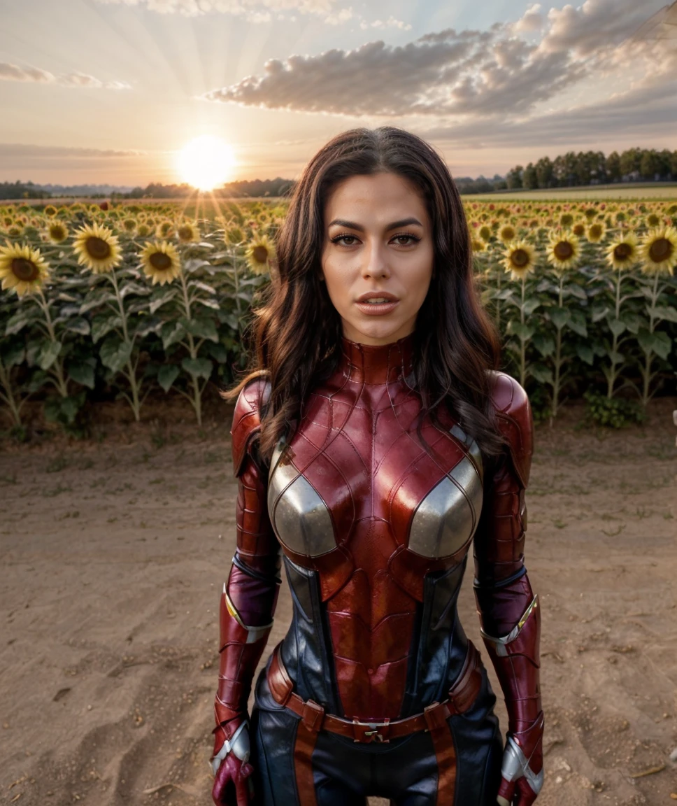 Marvel Cinematic Universe  <lora:quiron_DominoPresley_v9_Lora:0.87> dominopresleyquiron, 1girl, realistic, Standing in a sunflower field, she raises her face to the sun, basking in its radiant warmth,  . Superheroes, epic battles, colorful, highly detailed