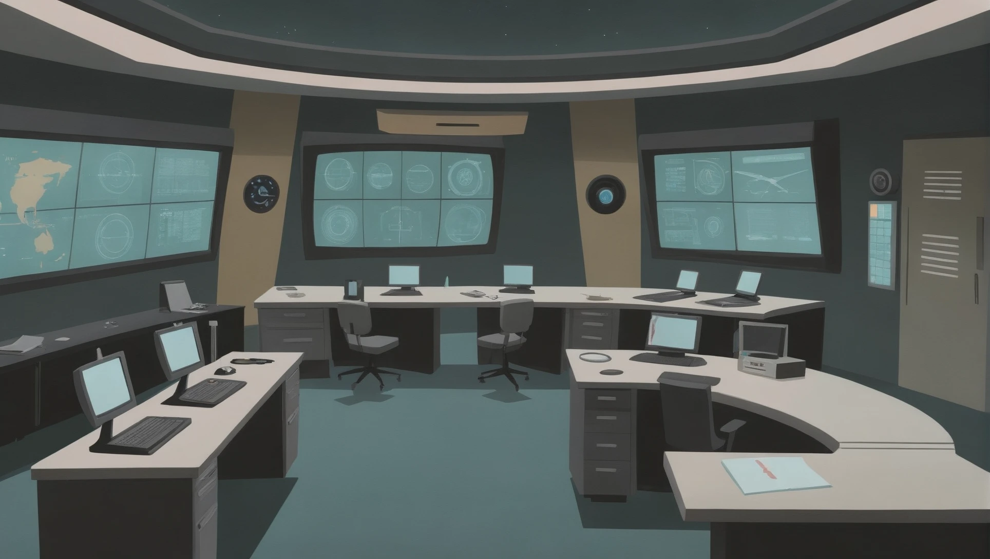 mid-century scifi, Surveillance Monitoring Room \(room\) <lora:EnvyStarlightMidCenturyScifi02:1>