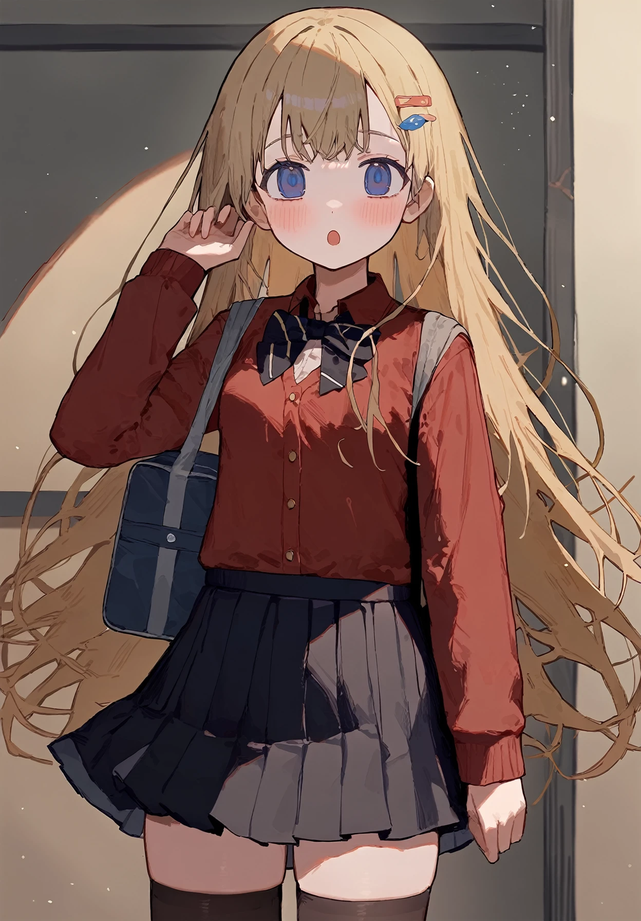 1girl,
original,
cha goma,
solo, blue eyes, bow, light particles, black skirt, school bag, thighhighs, long sleeves, blush, zettai ryouiki, black bow, skirt, buttons, cowboy shot, bowtie, looking at viewer, hand up, open mouth, holding bag, holding, red shirt, bag, shirt, tareme, eyelashes, hair ornament, miniskirt, breasts, very long hair, long hair, pleated skirt, blonde hair, school uniform, small breasts, hairclip, :o, collared shirt, black thighhighs,
masterpiece, best quality, newest
<lora:cha_goma_image146_2024-03-28_a31:1>