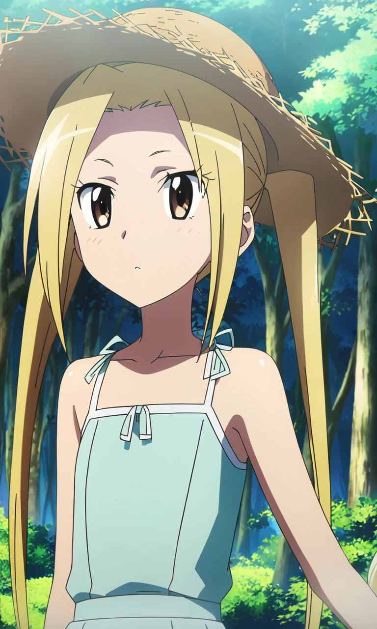 anime artwork hagimura suzu, 1girl, long hair, blonde hair, twintails, brown eyes, petite, flat chested, (straw = hat), forest,masterpiece,best quality,8k highres . anime style, key visual, vibrant, studio anime, highly detailed