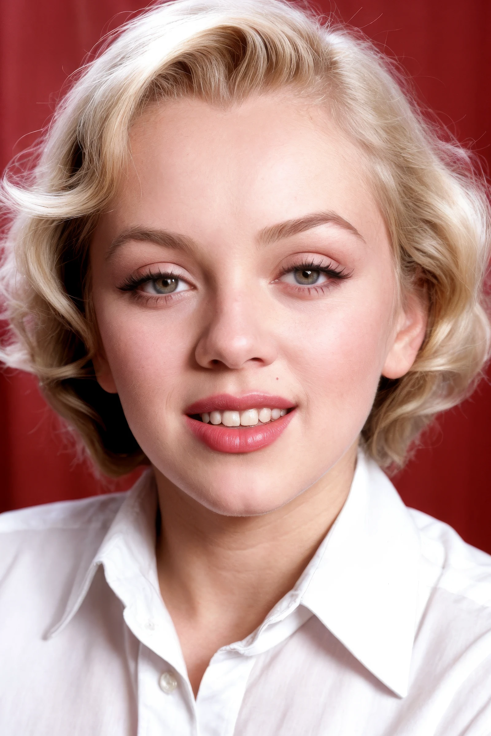 1girl, color close-up portrait photography of (marilmor_TI:0.99), (makeup, dark eyeliner, blush), smile, happy
collared shirt, long sleeves
volumetric lighting, eye level, rule of thirds composition, Fuji X-T4, 50mm prime lens, Fujifilm color, film grain