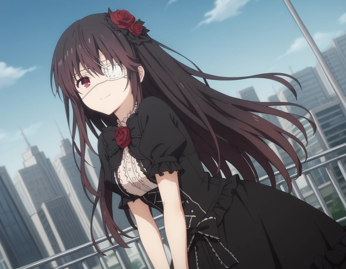 score_9, score_8_up, score_7_up, source_anime,
kurumitokisaki, <lora:kurumi-tokisaki-s4s5-ponyxl-lora-nochekaiser:1>,
kurumi tokisaki, black hair, red eyes, long hair,
bangs, hair ornament, dress, flower, short sleeves, frills, hair flower, black dress, rose, eyepatch, red flower, red rose, medical eyepatch, frilled dress, puffy sleeves,
outdoors, cityscape, bent over, smile,
looking at viewer, solo, cowboy shot, dutch angle,