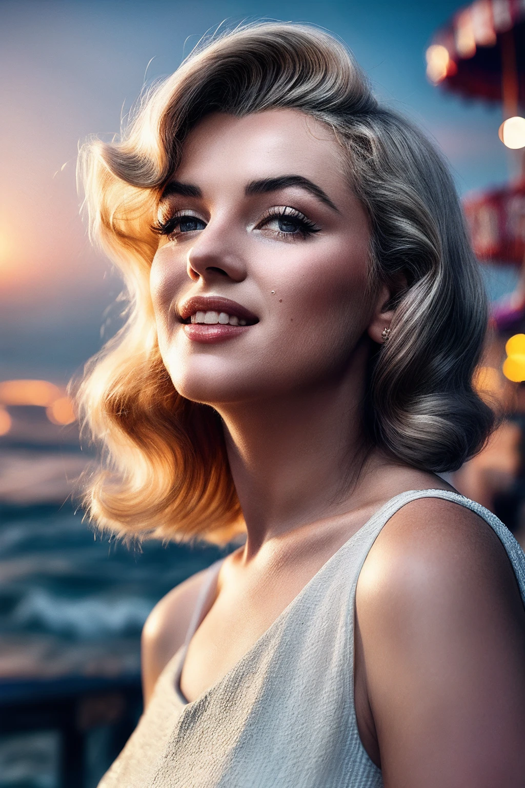 MarilynM_SoloTI_v1, PA7_Portrait-MCU,
(Flowy floral dress with a cinched waist, paired with a woven straw tote bag, hair styled in loose beach waves), (Seaside boardwalk bustling with tourists and locals, the sound of seagulls and crashing waves, the aroma of saltwater taffy and funnel cakes, the colorful glow of amusement park rides against the twilight sky: 1.3), (seductive:1.3),photorealistic, masterpiece, high quality, artistic, unique, award winning photograph, professional, 8k, RAW photo, best quality,flattering,
<lora:add_detail:1>, <lora:LowRa:0>
