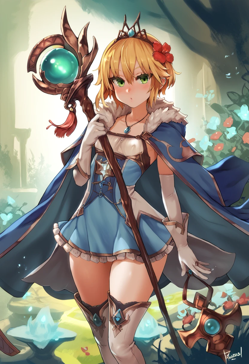 asanagi, personalamistyle, (score_9, score_8_up, score_7_up, :1.2) highres, absurdres, a girl standing outdoors, 1girl, solo, standing, looking at viewer,
1girl,staff, gloves, thigh boots, thighhighs, green eyes, short hair, white gloves, fur trim, hair ornament,boots, blonde hair, elbow gloves, dress, jewelry, necklace, cape, capelet, bangs, hair between eyes, white footwear, frills,skirt, blue dress, blush, crown, red flower, short dress, white thighhighs, cloak, fantasy, zettai ryouiki, tiara, breasts, small breasts, blue skirt, collarbone, bridal gauntlets, pendant, hair flower,long sleeves, gem, tassel, nature,pink flower, frilled skirt, white shirt, blue cape, shirt, glowing, blue capelet, frilled dress, hairband, fur collar, sidelocks, jacket on shoulders, feet out of frame, lace trim, bow
hands, rating_safe <lora:LizasPonyTest:0.8> <lora:personalami_style_ponyXL_v1:0.6> <lora:sdxl_asanagi_v1:0.6>